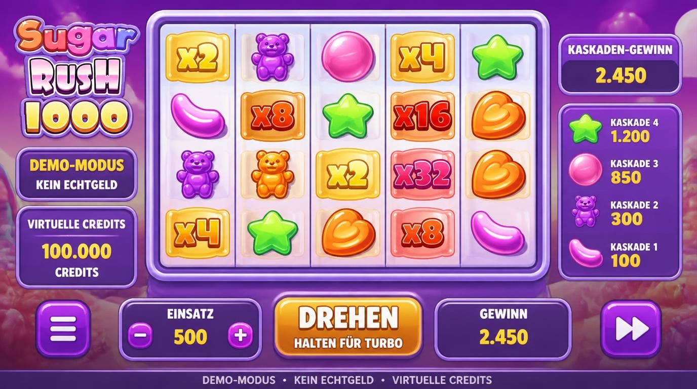 Slot-Spiel im Demo-Modus mit virtuellem Guthaben und bunten Symbolen