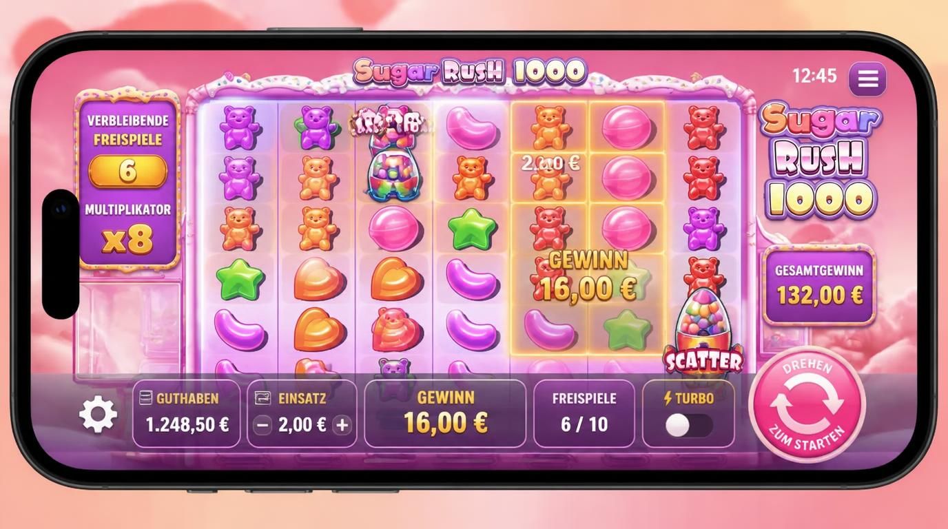 Ein Smartphone mit Sugar Rush 1000 Slot-App, leuchtenden Walzen und Nutzerkonto
