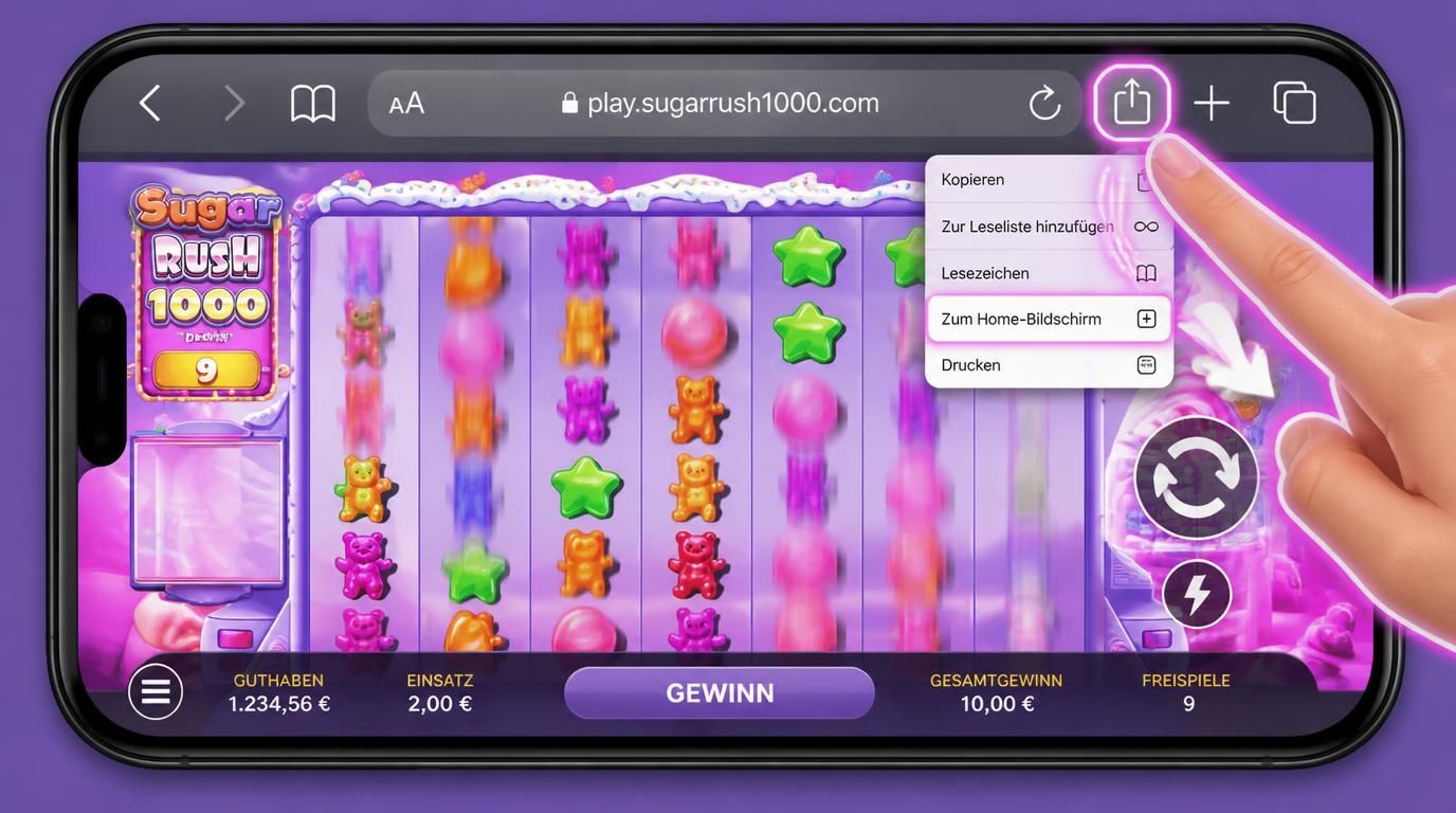 iPhone mit Sugar Rush 1000 über Safari, Home-Bildschirm Icon sichtbar