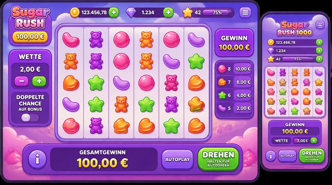 Bild mit Oberfläche von Sugar Rush 1000, Farben, Bonbondesign, Walzen in Aktion auf Desktop und Mobil