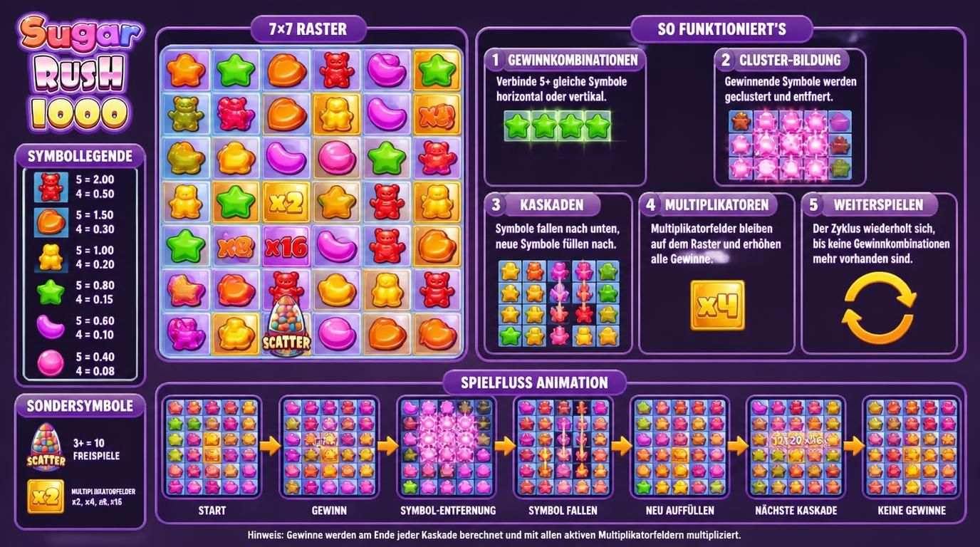 Grafik mit Spielablauf: Cluster, Kaskaden und Multiplikatoren im Raster